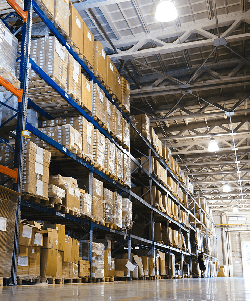 Stocked racking in a warehouse.