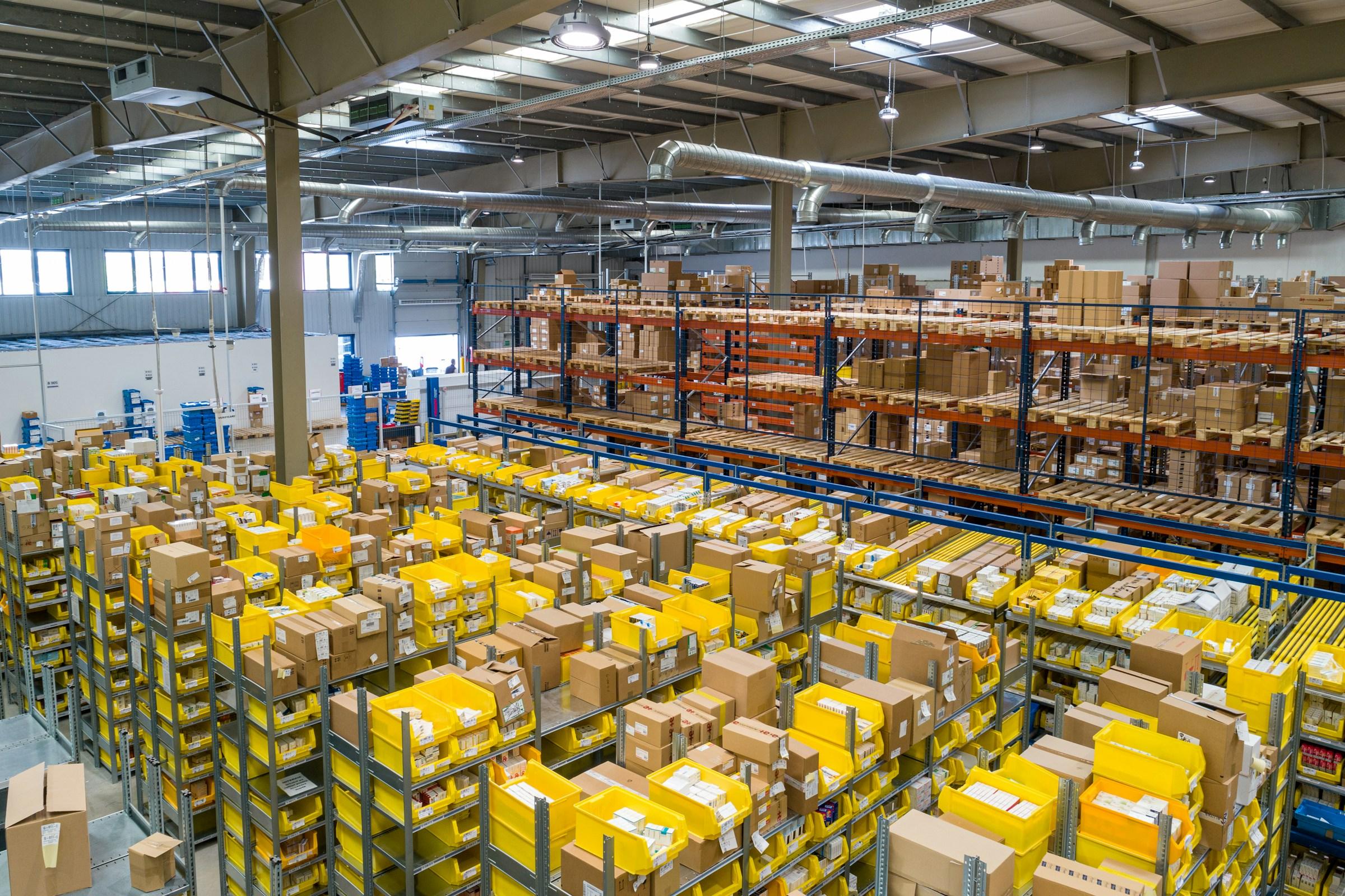 A busy distribution warehouse seen from above.